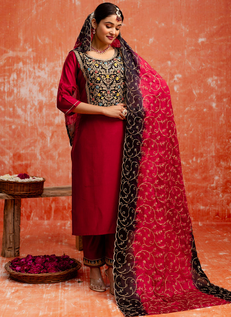 Vellora Viscose Red Party Wear Embroidery Work Readymade Salwar Suit | Grocsy