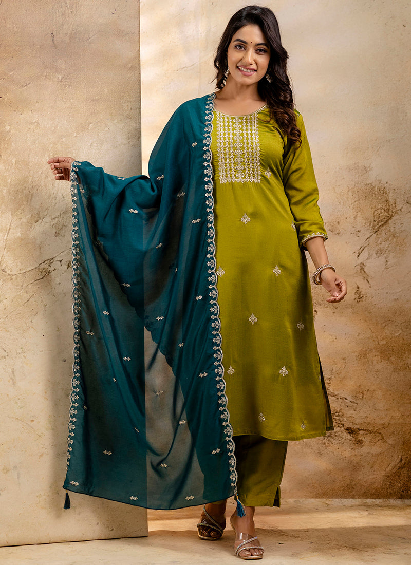 Vellora Silk Blend Mehendi Party Wear Embroidery Work Readymade Salwar Suit | Grocsy