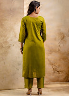 Vellora Silk Blend Mehendi Party Wear Embroidery Work Readymade Salwar Suit | Grocsy