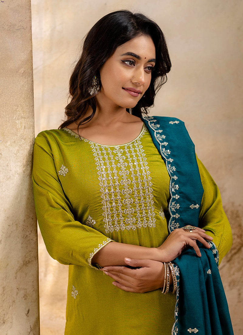 Vellora Silk Blend Mehendi Party Wear Embroidery Work Readymade Salwar Suit | Grocsy