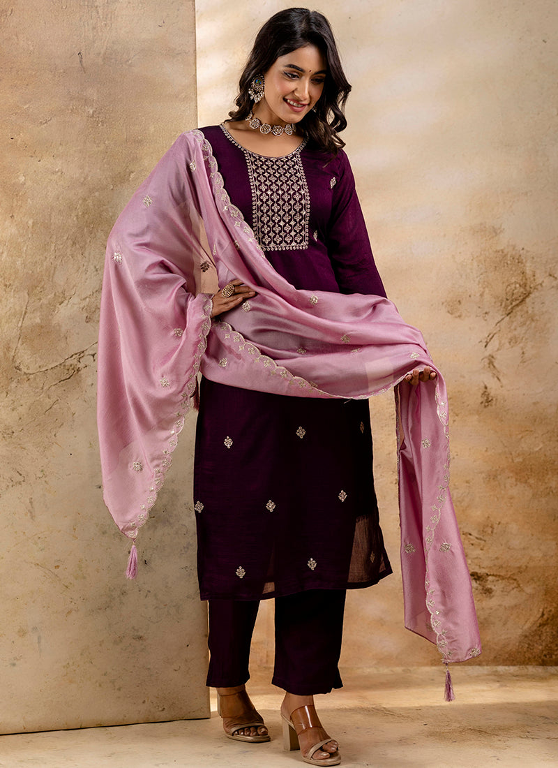 Vellora Silk Blend Wine Party Wear Embroidery Work Readymade Salwar Suit | Grocsy