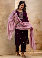 Vellora Silk Blend Wine Party Wear Embroidery Work Readymade Salwar Suit | Grocsy