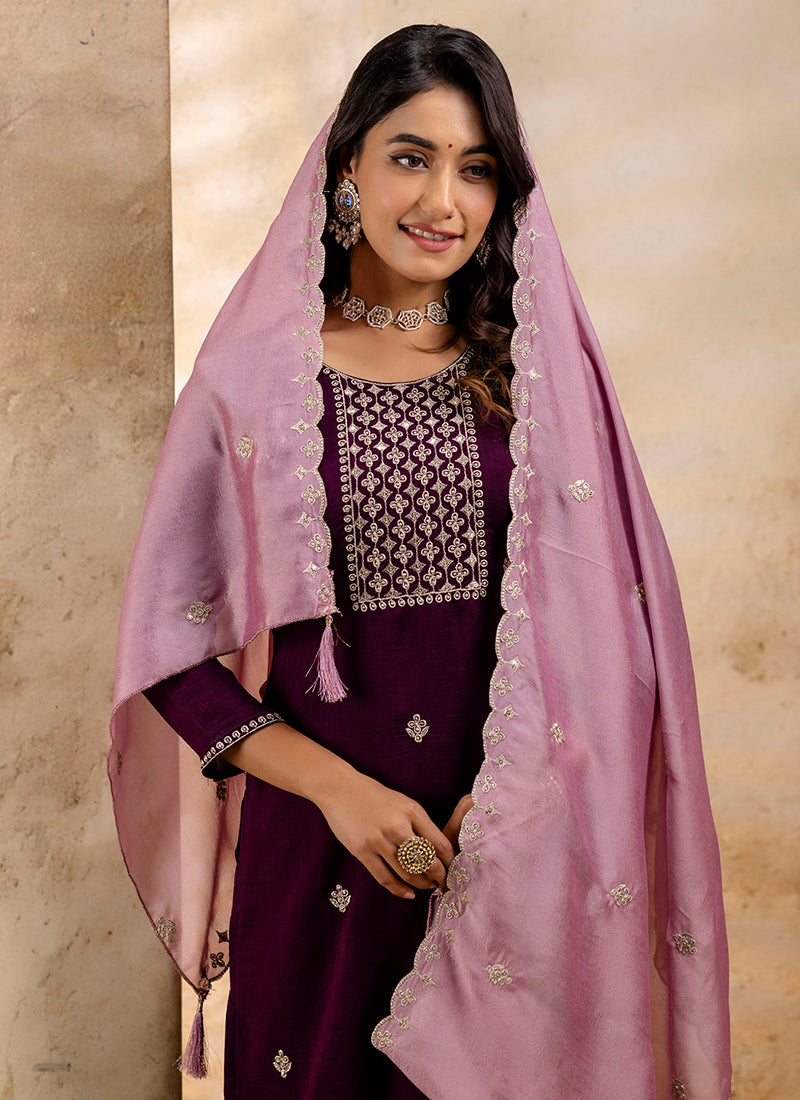 Vellora Silk Blend Wine Party Wear Embroidery Work Readymade Salwar Suit | Grocsy