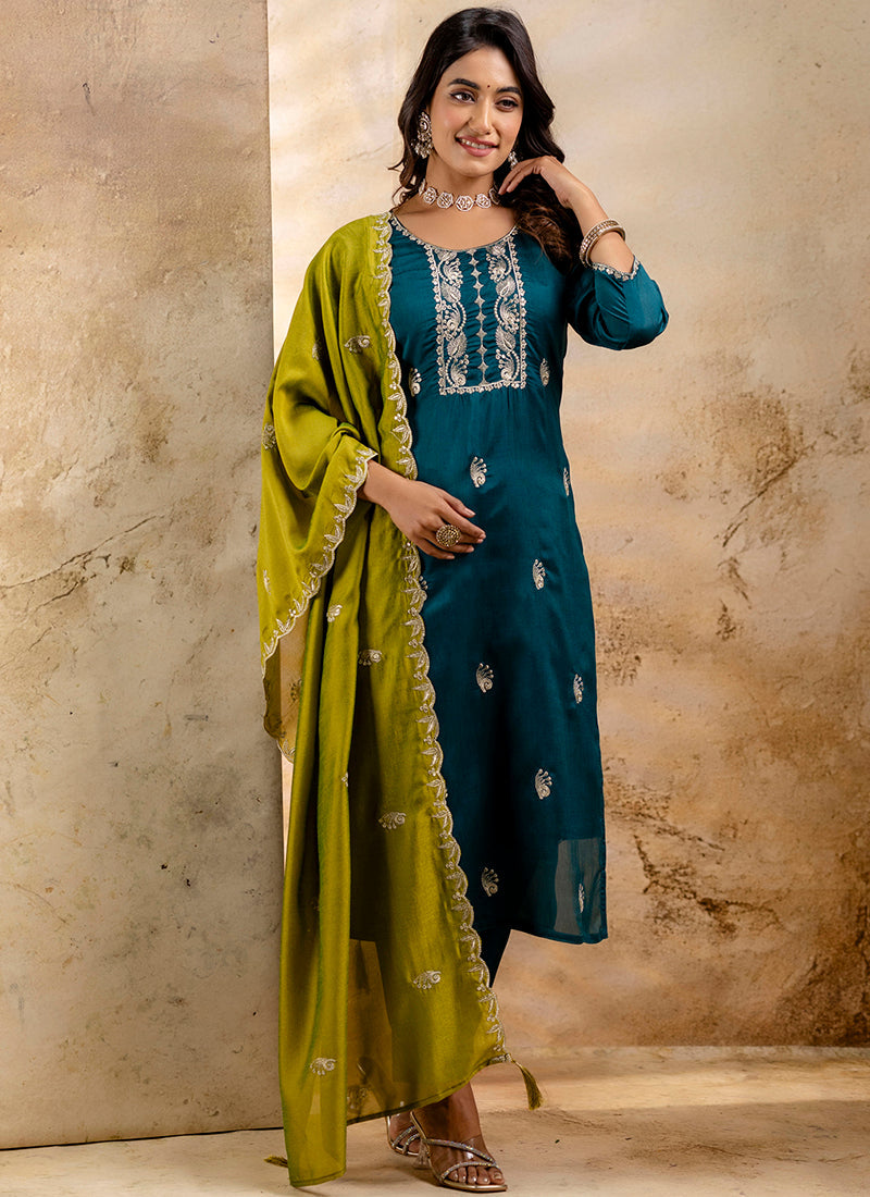 Vellora Silk Blend Teal Party Wear Embroidery Work Readymade Salwar Suit | Grocsy