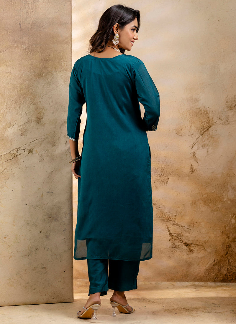Vellora Silk Blend Teal Party Wear Embroidery Work Readymade Salwar Suit | Grocsy