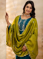 Vellora Silk Blend Teal Party Wear Embroidery Work Readymade Salwar Suit | Grocsy