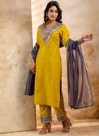 Vellora Viscose Rayon Mustard Casual Wear Embroidery Work Readymade Salwar Suit | Grocsy
