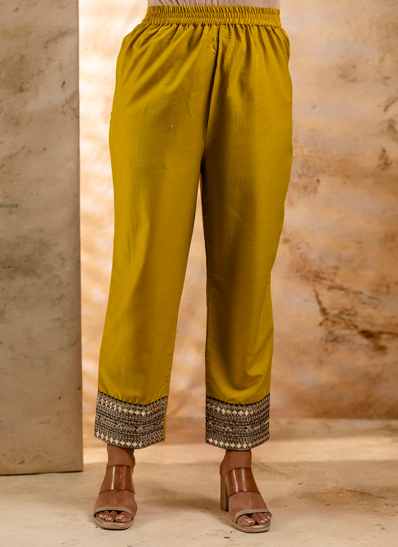 Vellora Viscose Rayon Mustard Casual Wear Embroidery Work Readymade Salwar Suit | Grocsy