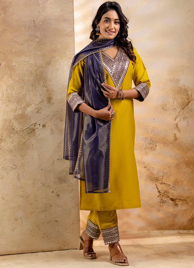 Vellora Viscose Rayon Mustard Casual Wear Embroidery Work Readymade Salwar Suit | Grocsy