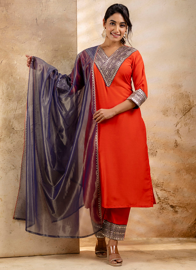 Vellora Viscose Rayon Orange Casual Wear Embroidery Work Readymade Salwar Suit | Grocsy