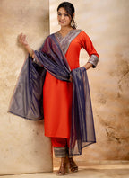 Vellora Viscose Rayon Orange Casual Wear Embroidery Work Readymade Salwar Suit | Grocsy