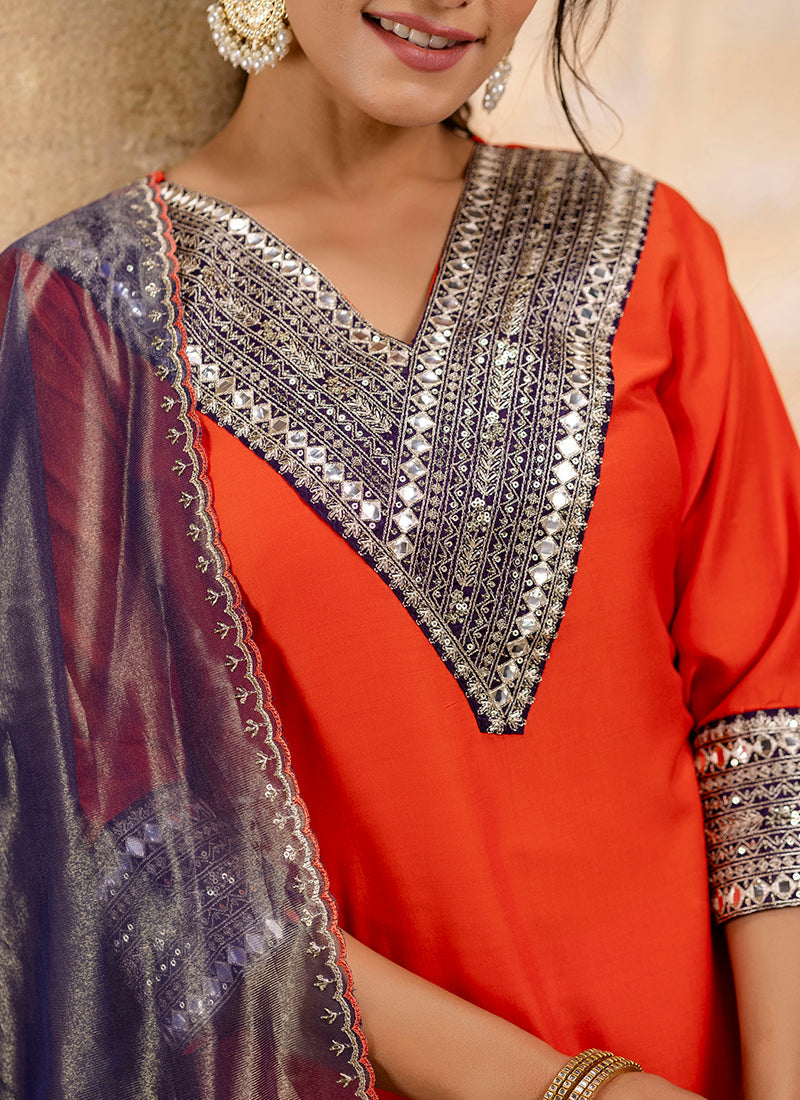 Vellora Viscose Rayon Orange Casual Wear Embroidery Work Readymade Salwar Suit | Grocsy