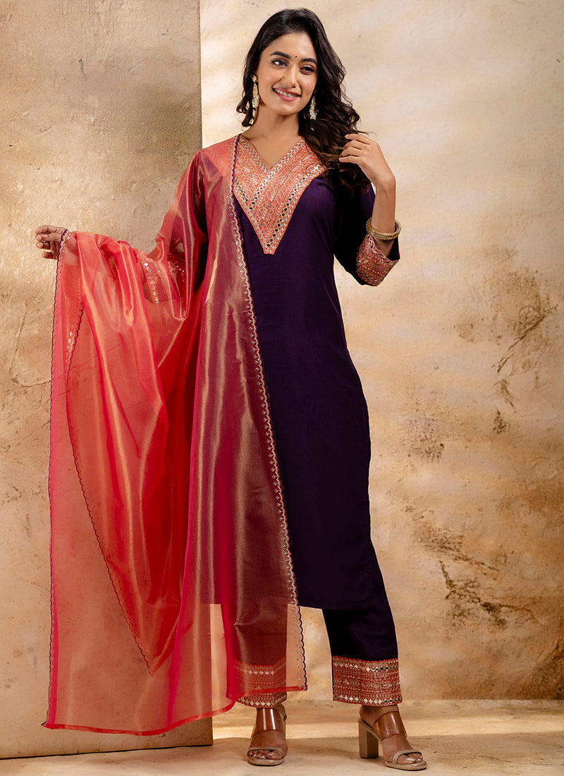 Vellora Viscose Rayon Violet Casual Wear Embroidery Work Readymade Salwar Suit | Grocsy