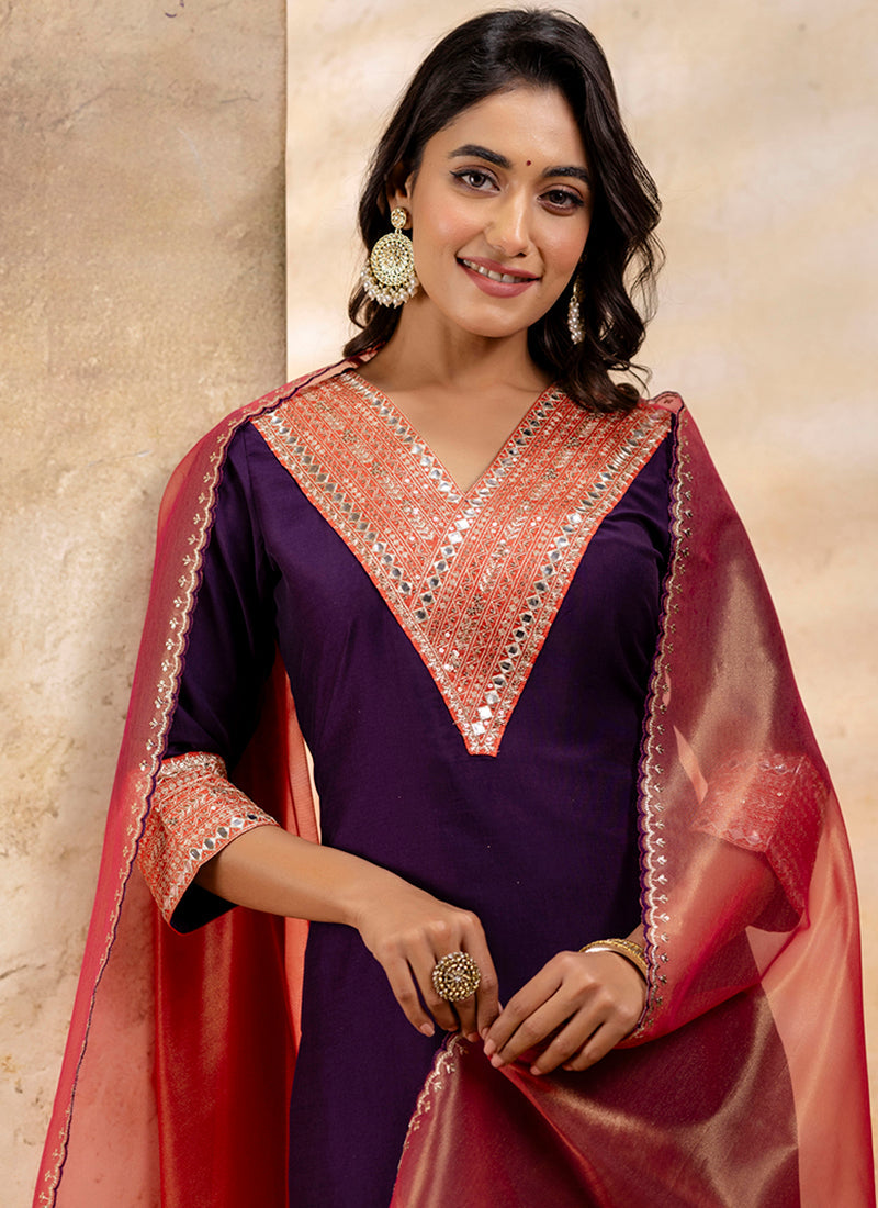 Vellora Viscose Rayon Violet Casual Wear Embroidery Work Readymade Salwar Suit | Grocsy