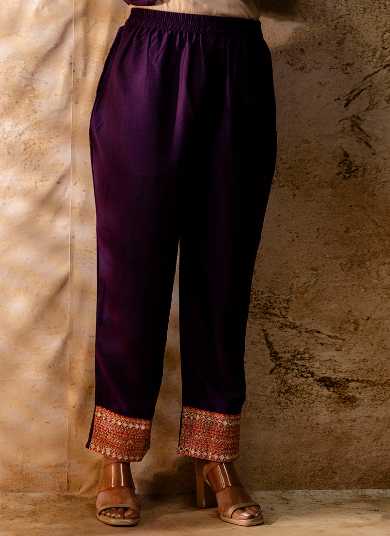 Vellora Viscose Rayon Violet Casual Wear Embroidery Work Readymade Salwar Suit | Grocsy