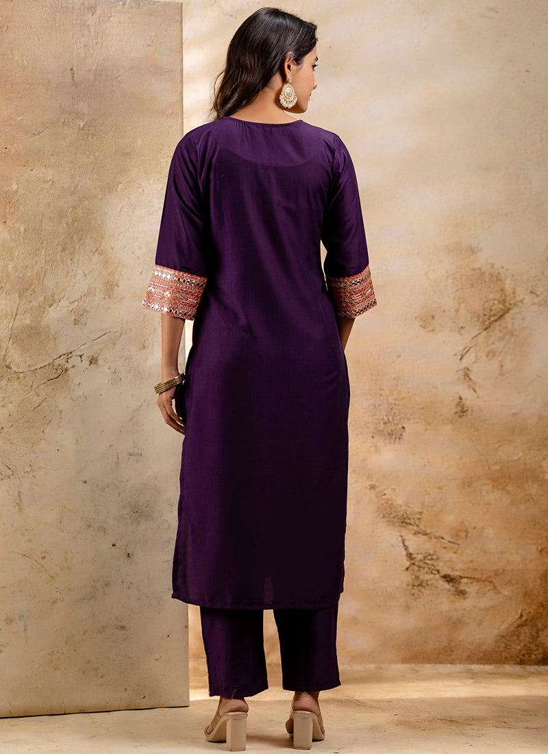 Vellora Viscose Rayon Violet Casual Wear Embroidery Work Readymade Salwar Suit | Grocsy