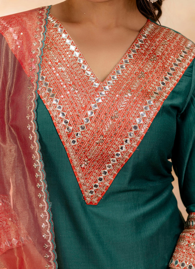 Vellora Viscose Rayon Bottle Green Casual Wear Embroidery Work Readymade Salwar Suit | Grocsy