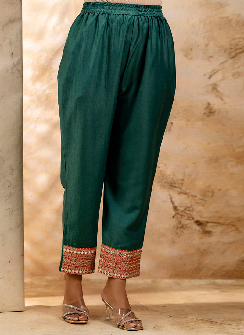 Vellora Viscose Rayon Bottle Green Casual Wear Embroidery Work Readymade Salwar Suit | Grocsy