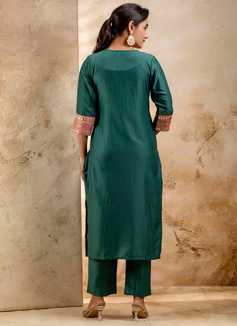 Vellora Viscose Rayon Bottle Green Casual Wear Embroidery Work Readymade Salwar Suit | Grocsy