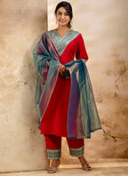 Vellora Viscose Rayon Red Casual Wear Embroidery Work Readymade Salwar Suit | Grocsy