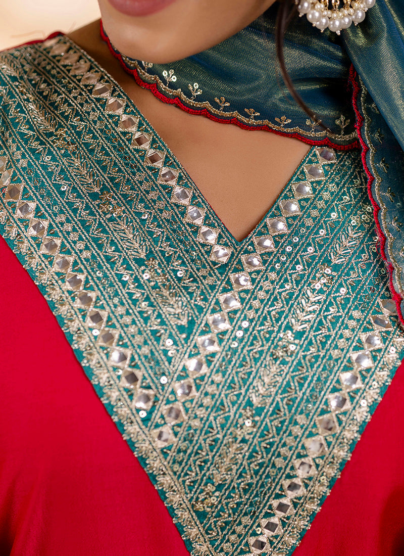 Vellora Viscose Rayon Red Casual Wear Embroidery Work Readymade Salwar Suit | Grocsy