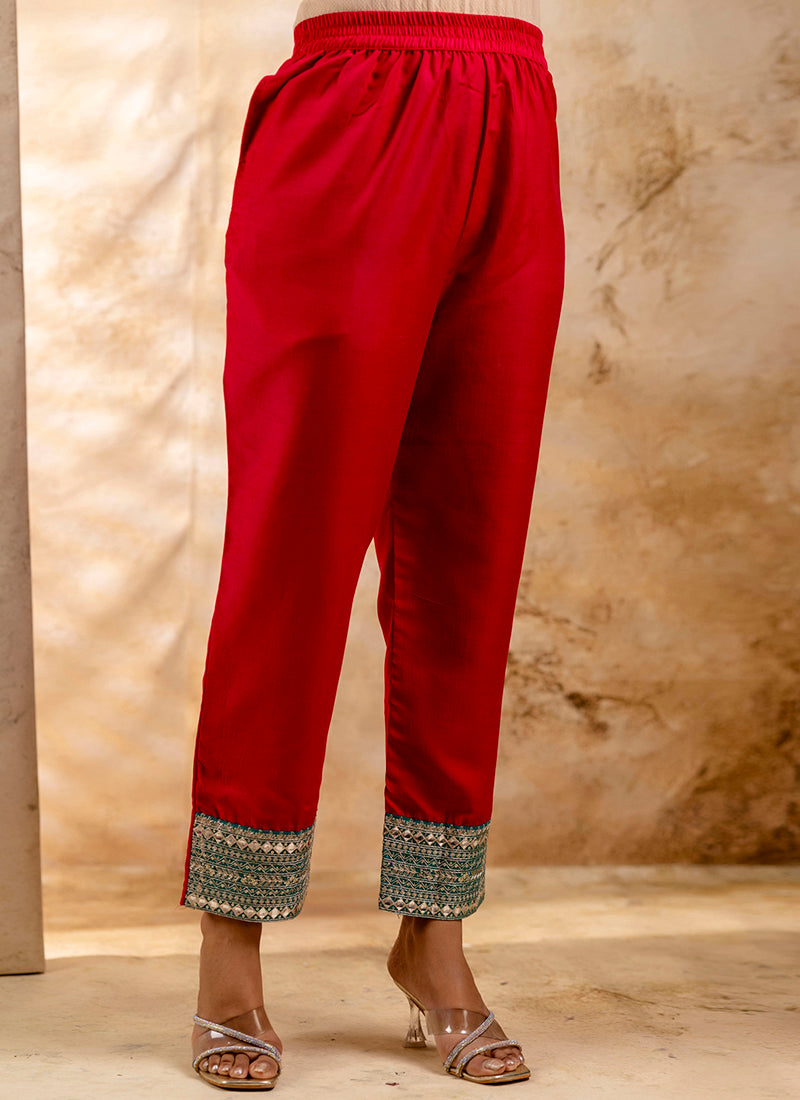 Vellora Viscose Rayon Red Casual Wear Embroidery Work Readymade Salwar Suit | Grocsy