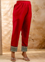 Vellora Viscose Rayon Red Casual Wear Embroidery Work Readymade Salwar Suit | Grocsy