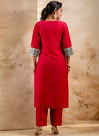 Vellora Viscose Rayon Red Casual Wear Embroidery Work Readymade Salwar Suit | Grocsy