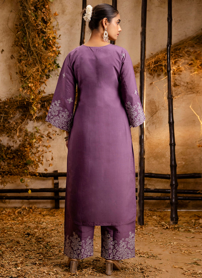 Vellora Silk Blend Lavender Casual Wear Embroidery Work Readymade Salwar Suit | Grocsy
