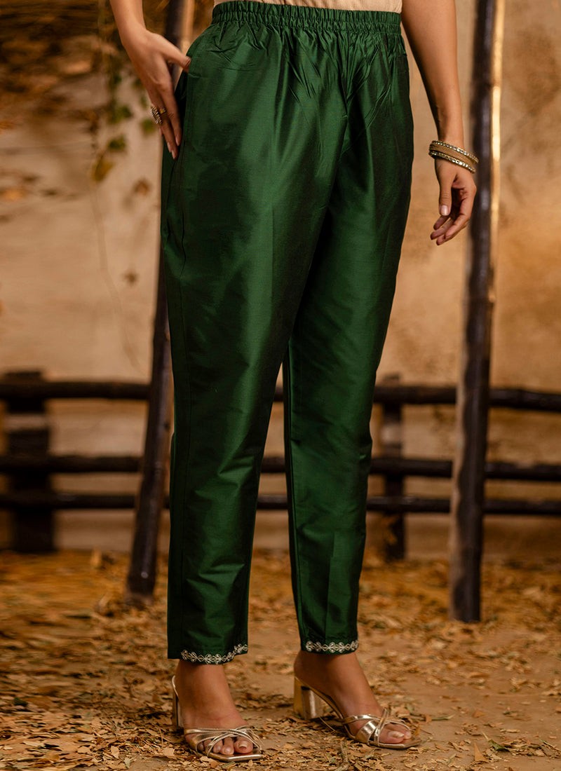 Vellora Silk Blend Dark Green Casual Wear Embroidery Work Readymade Salwar Suit | Grocsy