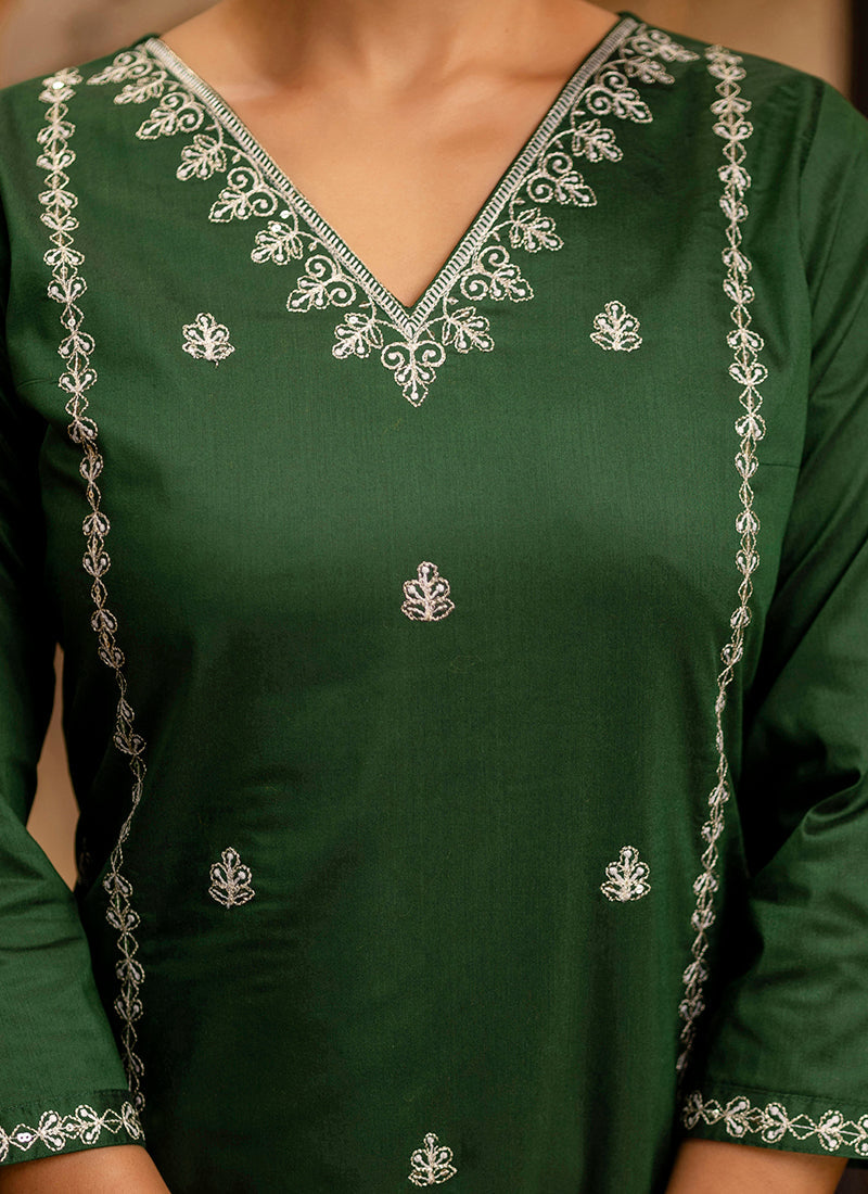 Vellora Silk Blend Dark Green Casual Wear Embroidery Work Readymade Salwar Suit | Grocsy