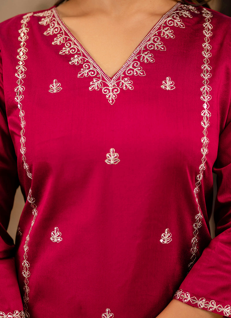 Vellora Silk Blend Pink Casual Wear Embroidery Work Readymade Salwar Suit | Grocsy