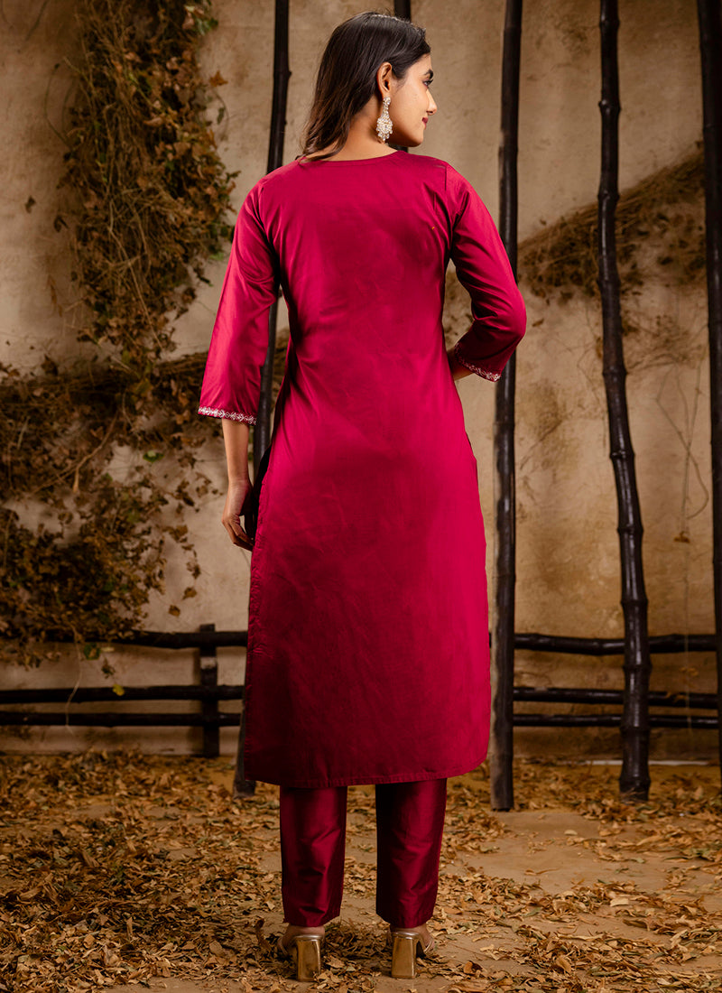 Vellora Silk Blend Pink Casual Wear Embroidery Work Readymade Salwar Suit | Grocsy