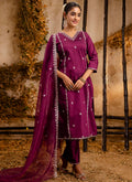 Vellora Silk Blend Wine Casual Wear Embroidery Work Readymade Salwar Suit | Grocsy