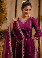 Vellora Silk Blend Wine Casual Wear Embroidery Work Readymade Salwar Suit | Grocsy