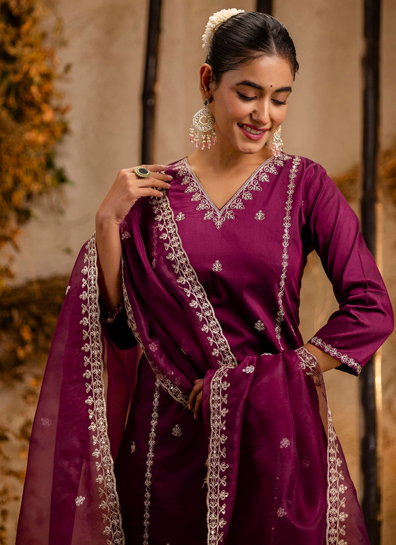 Vellora Silk Blend Wine Casual Wear Embroidery Work Readymade Salwar Suit | Grocsy
