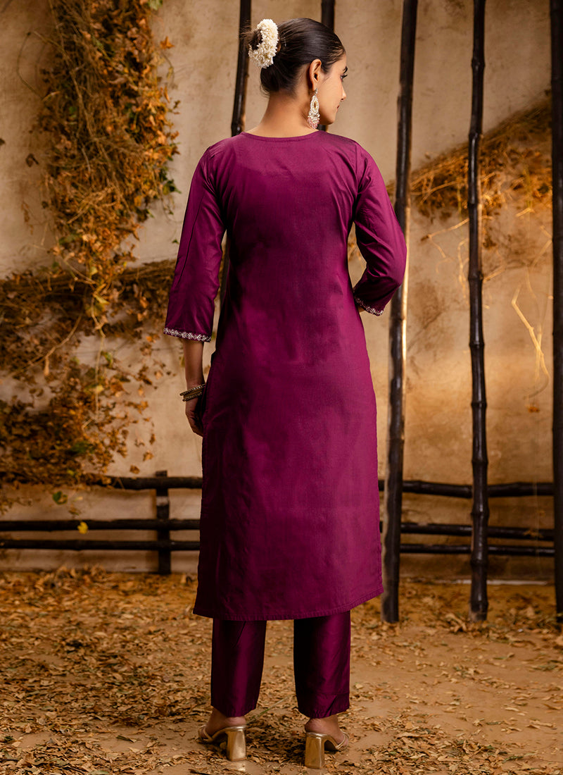 Vellora Silk Blend Wine Casual Wear Embroidery Work Readymade Salwar Suit | Grocsy