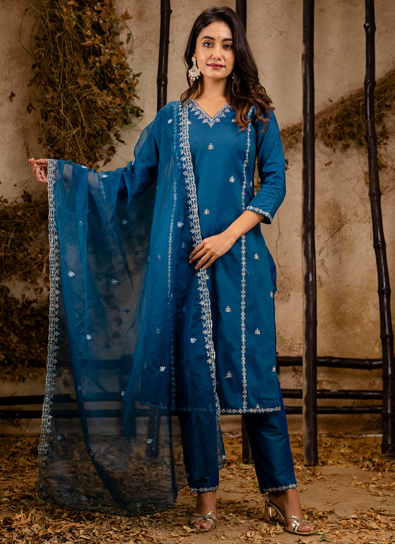 Vellora Silk Blend Navy Blue Casual Wear Embroidery Work Readymade Salwar Suit | Grocsy