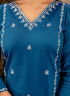 Vellora Silk Blend Navy Blue Casual Wear Embroidery Work Readymade Salwar Suit | Grocsy