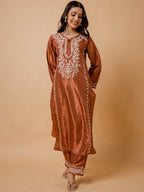 HOUSE OF KARI Floral Embroidered Silk Chikankari Kurta | Grocsy