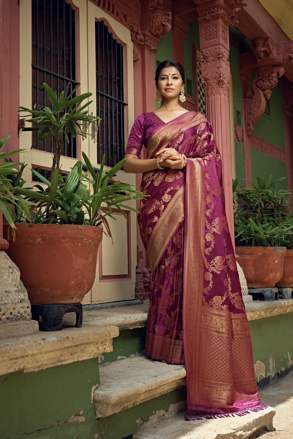 Vardha Mulberry Violet Golden Zari Banarasi Satin Silk Saree | Grocsy