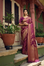 Vardha Mulberry Violet Golden Zari Banarasi Satin Silk Saree | Grocsy