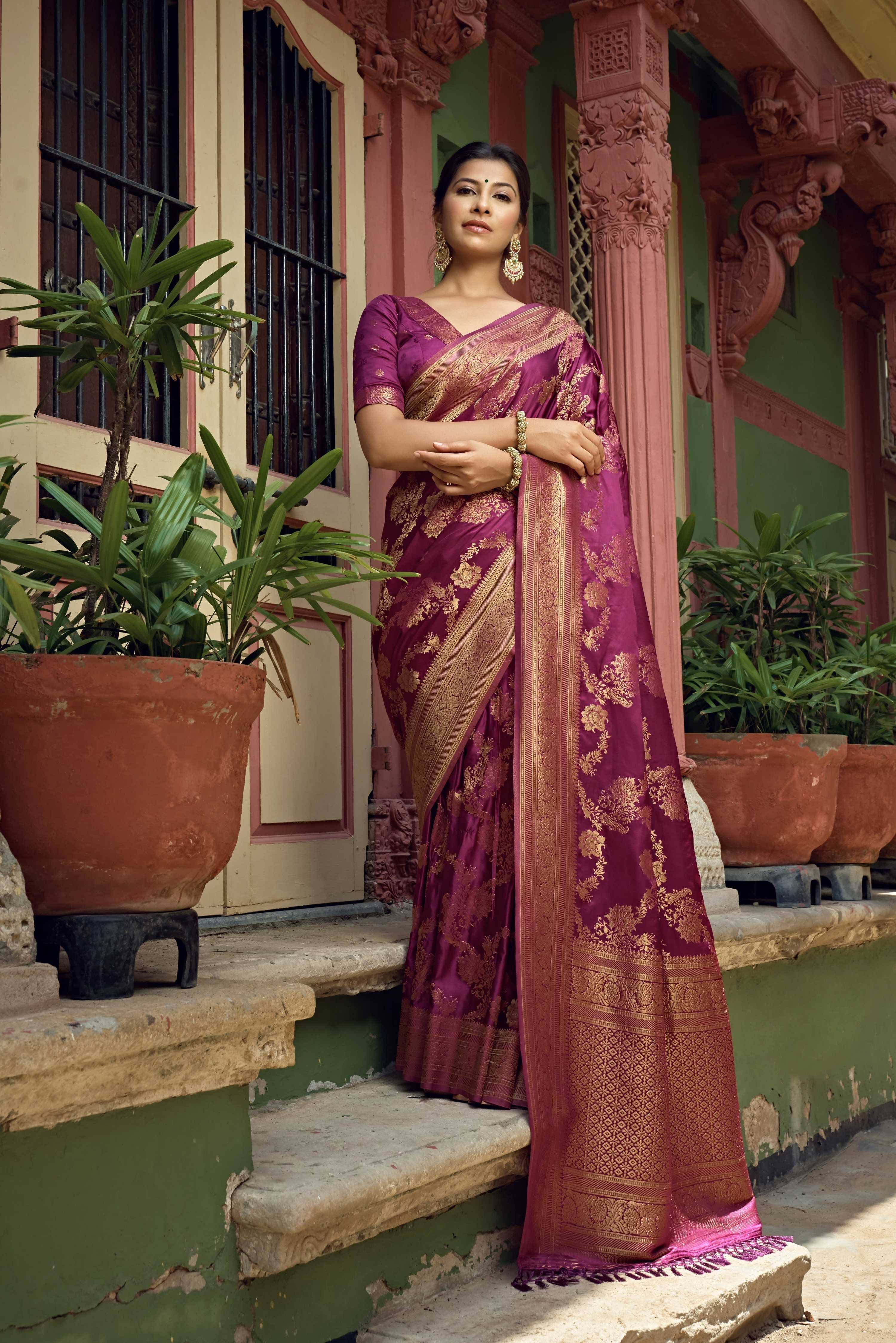 Vardha Mulberry Violet Golden Zari Banarasi Satin Silk Saree | Grocsy