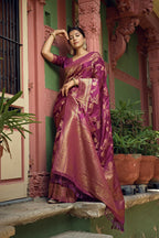 Vardha Mulberry Violet Golden Zari Banarasi Satin Silk Saree | Grocsy