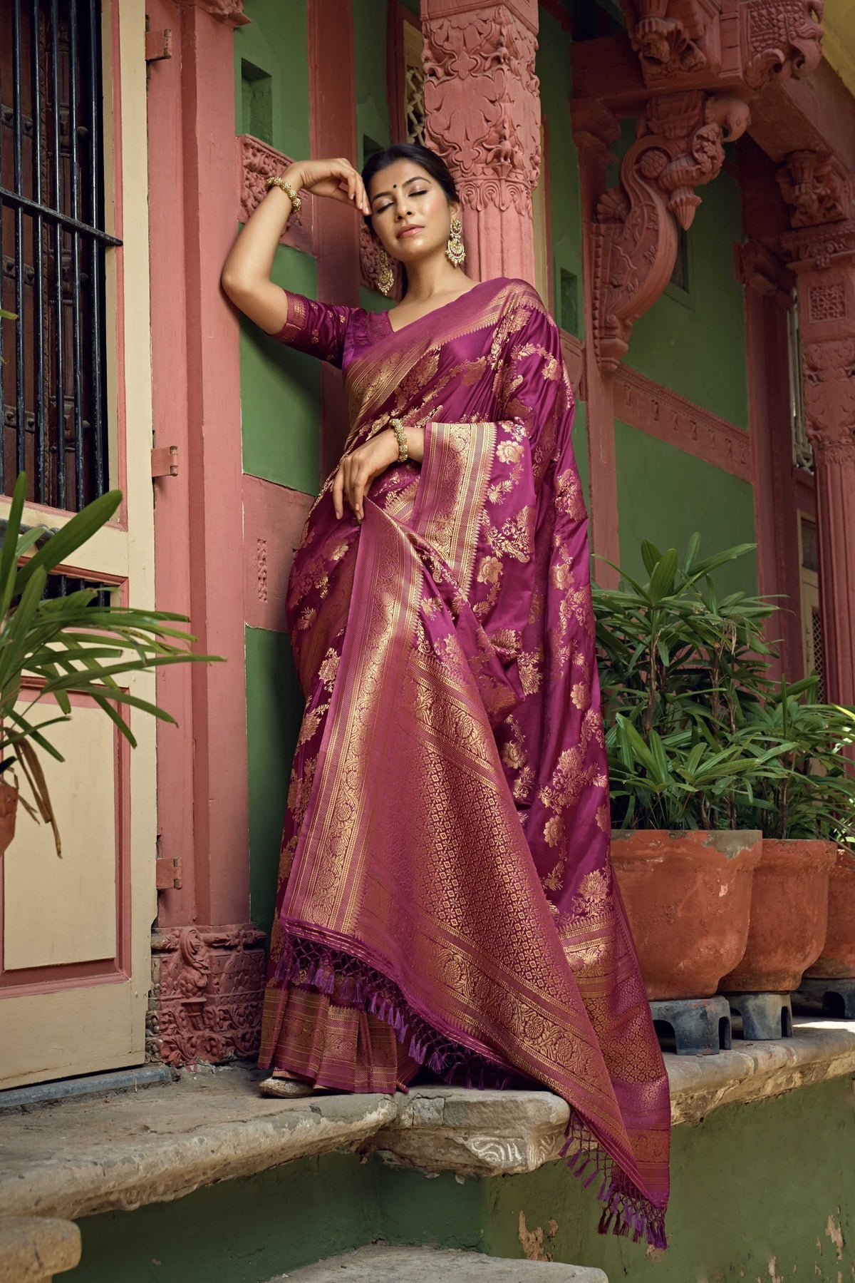 Vardha Mulberry Violet Golden Zari Banarasi Satin Silk Saree | Grocsy