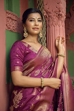 Vardha Mulberry Violet Golden Zari Banarasi Satin Silk Saree | Grocsy