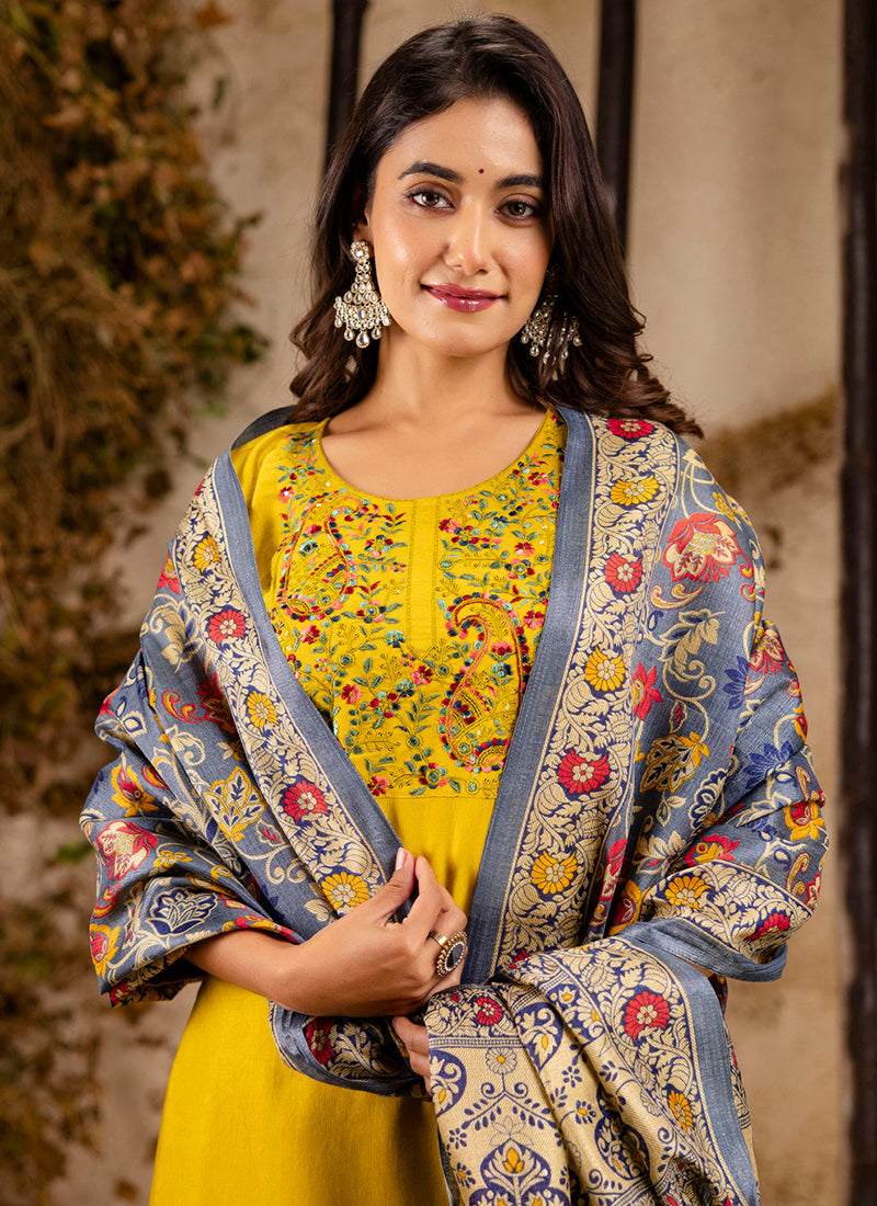 Vellora Viscose Rayon Mustard Party Wear Embroidery Work Readymade Salwar Suit | Grocsy