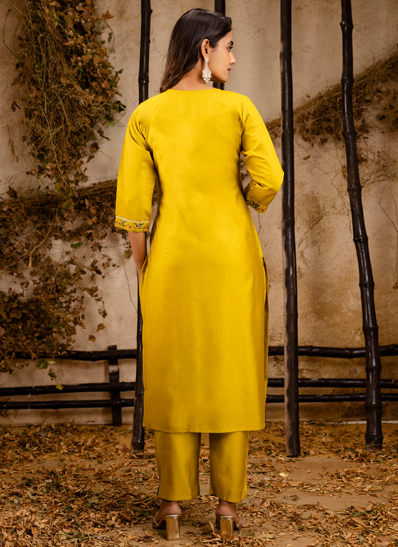 Vellora Viscose Rayon Mustard Party Wear Embroidery Work Readymade Salwar Suit | Grocsy