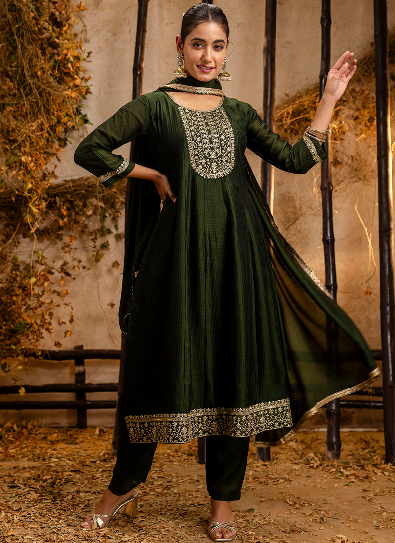 Vellora Silk Blend Mehendi Party Wear Embroidery Work Readymade Salwar Suit | Grocsy