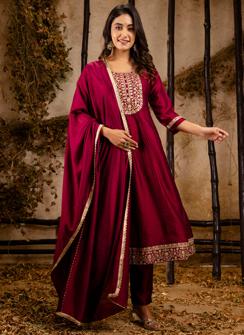 Vellora Silk Blend Maroon Party Wear Embroidery Work Readymade Salwar Suit | Grocsy